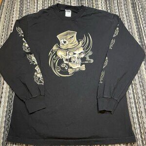 2004 Y2K AAA 8Ball Hat Skull Black Long Sleeve T-Shirt Grunge Men Sz Large